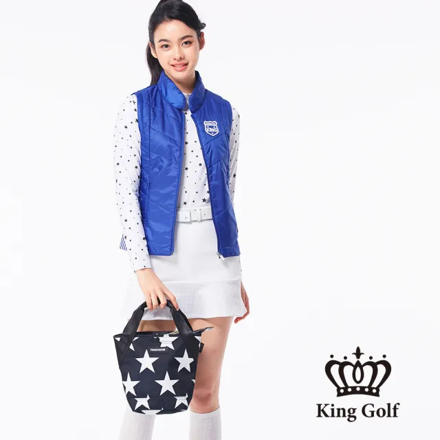 【KING GOLF】速達-女款盾牌刺繡下擺條紋拼接厚款鋪棉背心外套(藍色)