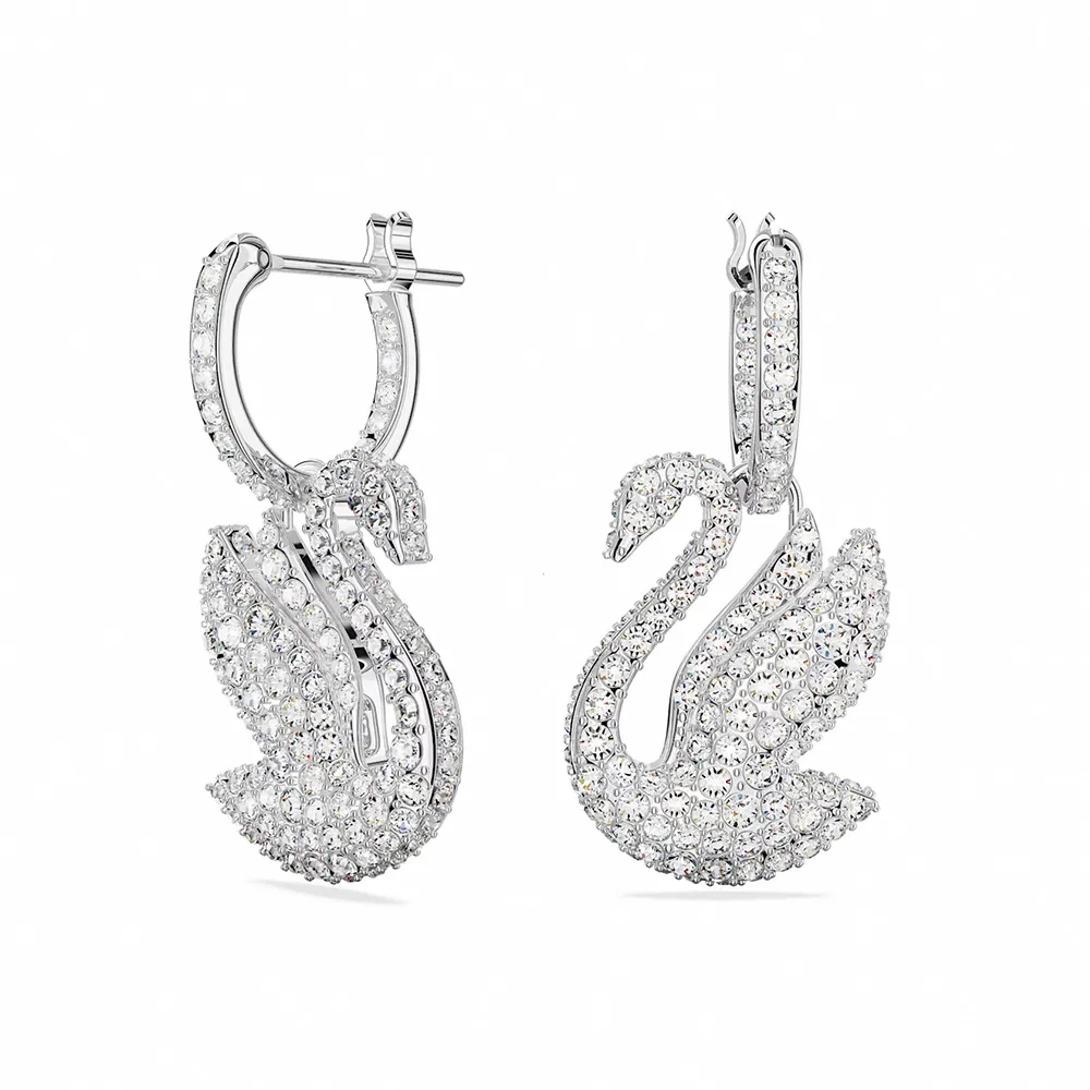 【SWAROVSKI 官方直營】Swarovski Iconic Swan 水滴形耳環天鵝  白色  鍍白金色 交換禮物