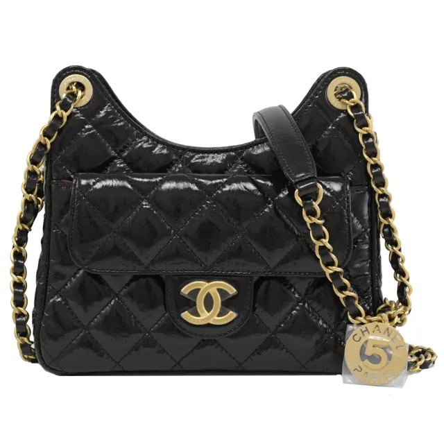 【CHANEL 香奈兒】Hobo Bag 經典雙C LOGO菱格紋肩斜鍊包流浪包(黑 小)