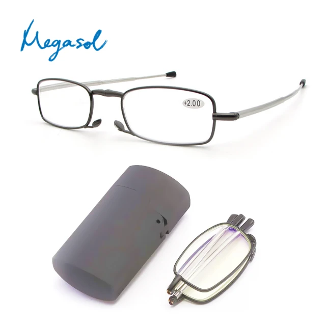 【MEGASOL】超輕仿打火機式老花眼鏡便攜摺疊款(中性細矩方框折疊鏡架老花-LS-000-111)