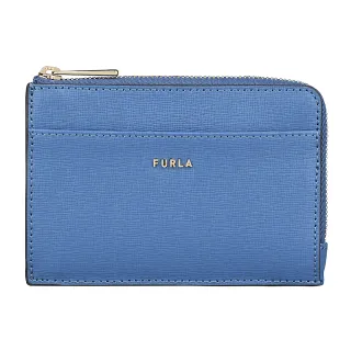 【FURLA 芙拉】FURLA BABYLON系列經典金屬LOGO十字紋防刮牛皮4卡拉鏈卡片零錢包(中/海洋藍x淺灰藍)