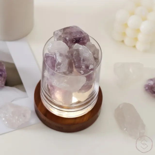 【SPANCONNY 飾品控】奇幻晨曉 l 白水晶x紫水晶x黑胡桃木燈座 l 水晶氣氛燈(桌燈/小夜燈/水晶燈)