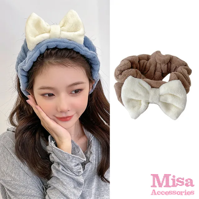 【MISA】寬版髮箍 蝴蝶結髮箍/韓國設計可愛寬版毛絨胖胖蝴蝶結造型髮箍 洗臉髮帶(5色任選)