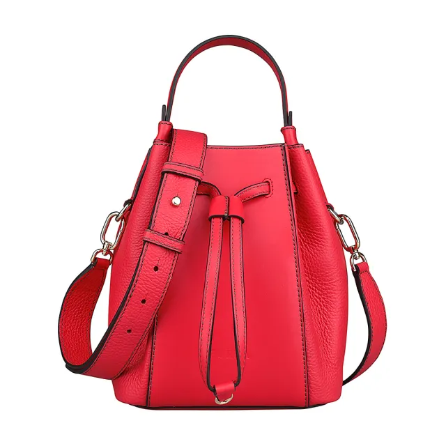 【FURLA 芙拉】FURLA MIASTELLA壓印LOGO內裡撞色設計小牛皮抽繩束口手提斜背水桶包(迷你/火焰紅x桃紅)（其他規格）