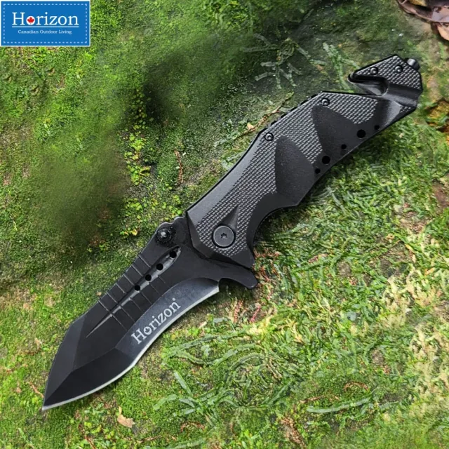 【Horizon 天際線】披荊斬棘黑化野營折疊刀 Hunter Knife(420不鏽鋼戶外求生刀/戰術刀/多功能露營刀/折刀)