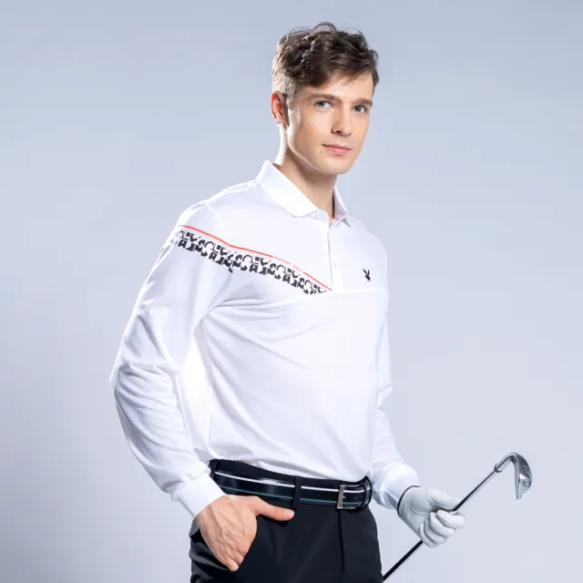 【PLAYBOY GOLF】男款鳳梨布剪接長袖POLO衫-白(吸濕排汗/蓄熱保溫/高爾夫球衫/AA22207-87)