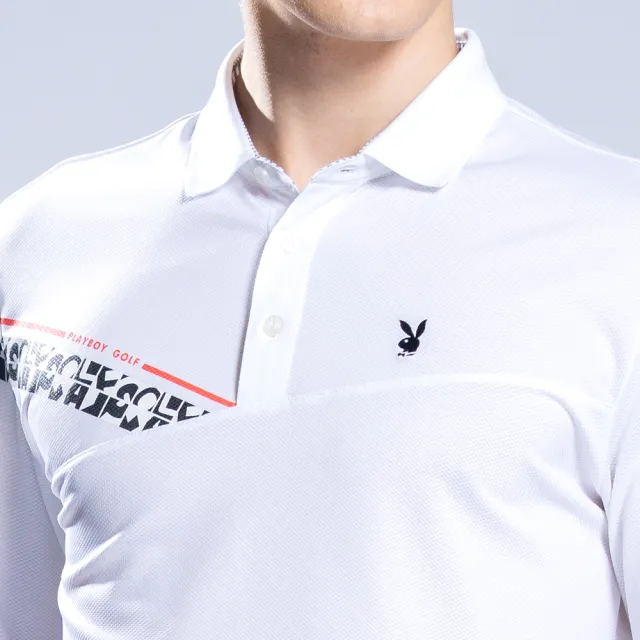 【PLAYBOY GOLF】男款鳳梨布剪接長袖POLO衫-白(吸濕排汗/蓄熱保溫/高爾夫球衫/AA22207-87)