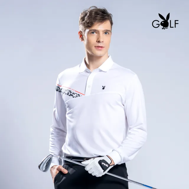 【PLAYBOY GOLF】男款鳳梨布剪接長袖POLO衫-白(吸濕排汗/蓄熱保溫/高爾夫球衫/AA22207-87)