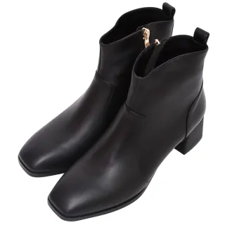 【Ann’S】質感密技-V口顯瘦羊皮真皮粗跟方頭短靴5cm(黑)