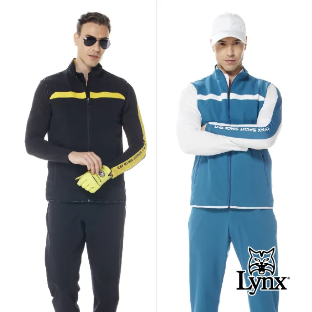 【Lynx Golf】首爾高桿風格！男款防風防潑水內刷毛保暖後背配布剪裁LOGO字樣無袖背心(二色)