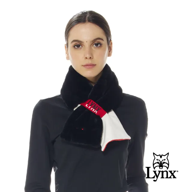 【Lynx Golf】首爾高桿風格！女款保暖舒適雙面皮草/刷毛材質造型布環山貓繡花無段式圍脖(二色)