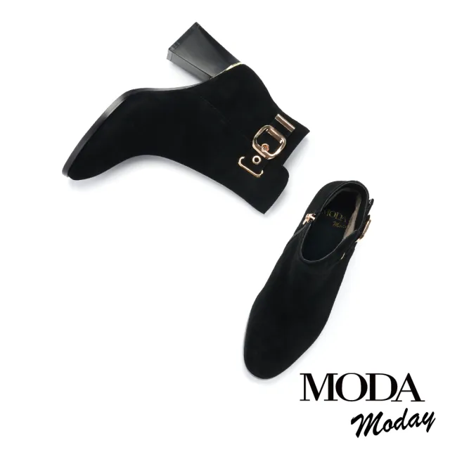 【MODA Moday】時尚品味金屬方釦帶羊麂皮高跟短靴(黑)