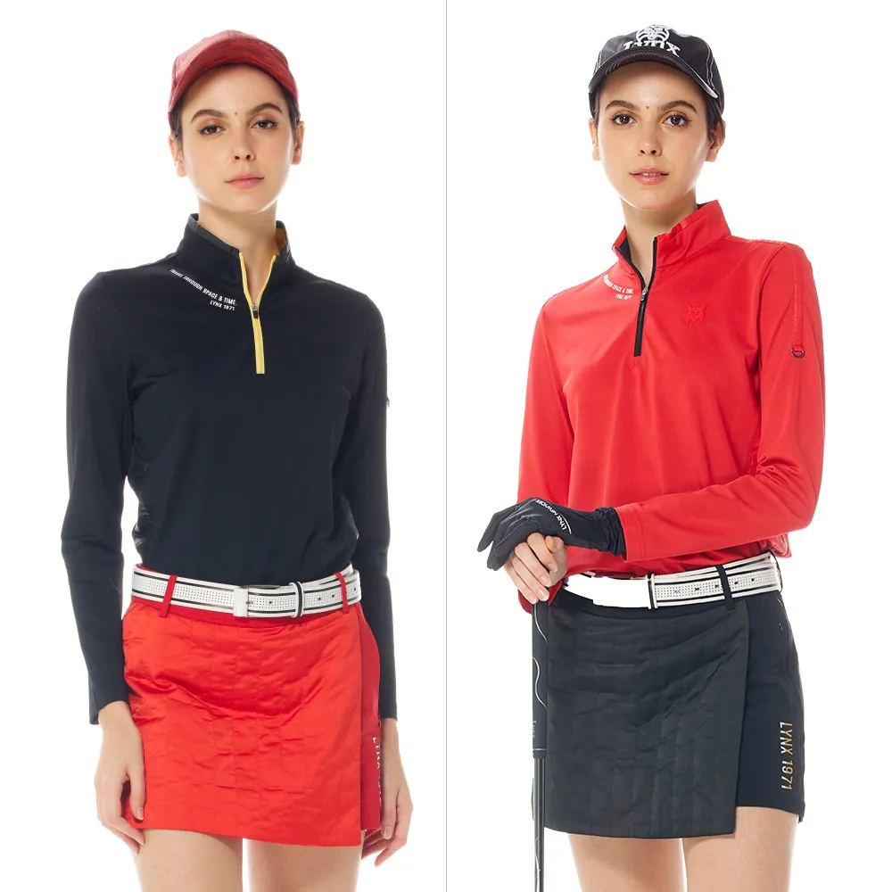 【Lynx Golf】首爾高桿風格！女款吸濕排汗異材質剪接壓條D型環設計長袖立領POLO衫/高爾夫球衫(二色)