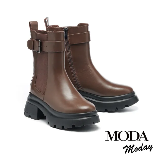 【MODA Moday】率性復古方釦帶牛皮切爾西厚底短靴(咖)