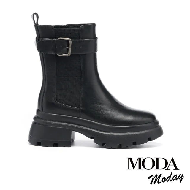 【MODA Moday】率性復古方釦帶牛皮切爾西厚底短靴(黑)