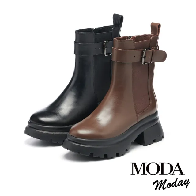 【MODA Moday】率性復古方釦帶牛皮切爾西厚底短靴(黑)