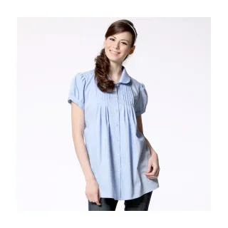 【Gennies 奇妮】條紋襯衫款哺乳上衣-淺藍/深藍/粉紫(哺乳衣 短袖哺乳衣 公主袖 開扣哺乳)