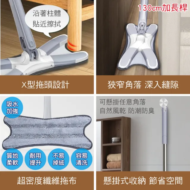 【新錸家居】2桿4布-X型免沾手☆加大平板拖把 360°旋轉仿手擰乾(送刮刀毛刷 蝴蝶旋轉拖把免手洗乾溼兩用)