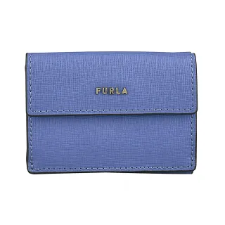 【FURLA 芙拉】FURLA Babylon金字LOGO防刮牛皮3卡壓扣式三折短夾(展示品/海藍x天空藍)