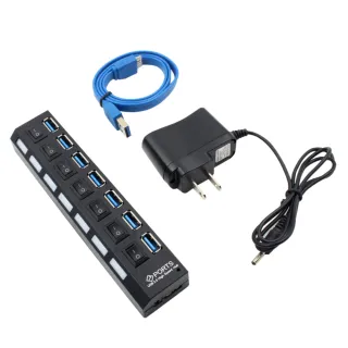 【JHS】usb 擴充 USB 3.0 HUB 7孔 獨立開關 usb hub usb 延長線 -含2A變壓器(集線器 usb 擴充 usb hub)