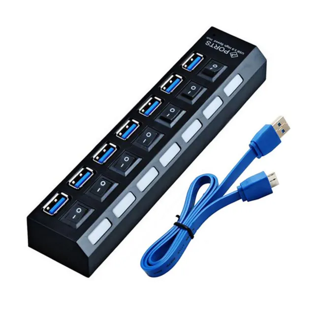 【JHS】usb 擴充 USB 3.0 HUB 7孔 獨立開關 usb hub usb 延長線 -含2A變壓器(集線器 usb 擴充 usb hub)