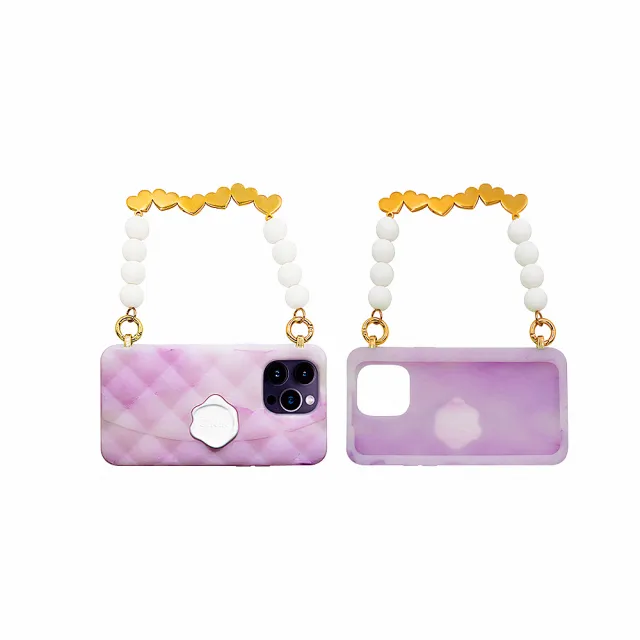 【Candies】iPhone 14 Pro Max 適用6.7吋 心串珠鍊幻彩果凍晚宴包手機殼(紫)