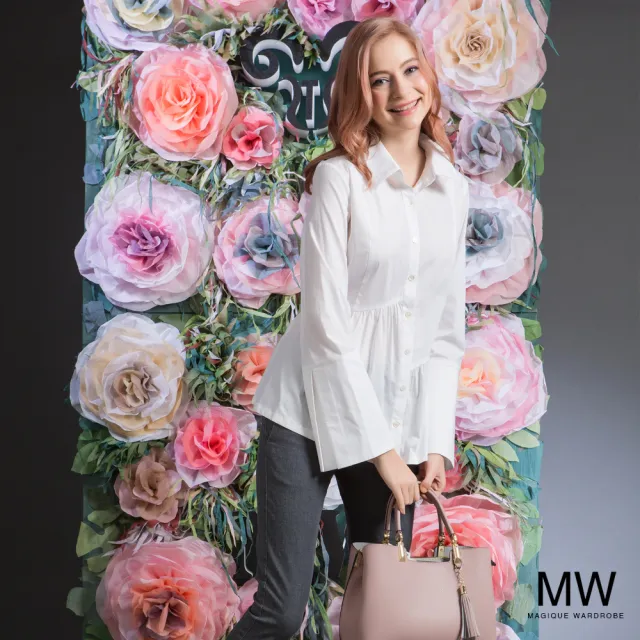 【MAGIQUE WARDROBE】不對襯皺褶喇叭袖襯衫上衣(白色)