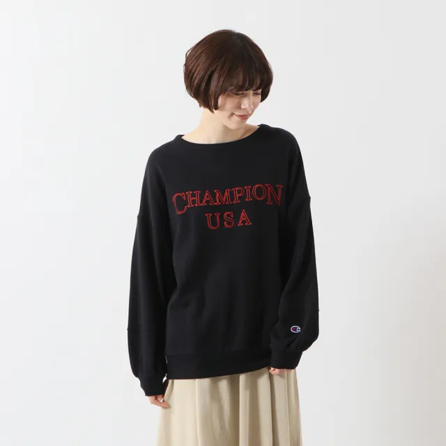 【Champion】官方直營 Womens Logo 寬袖大學長袖Tee-女(黑色)