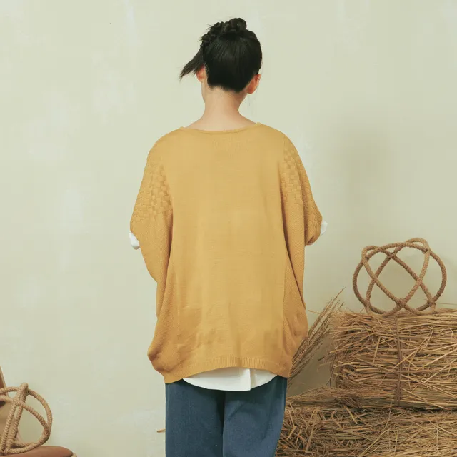 【MOSS CLUB】純色二側幾何編織連袖-女短袖針織衫 純色 藍 駝 黃(三色/魅力商品/版型適中)