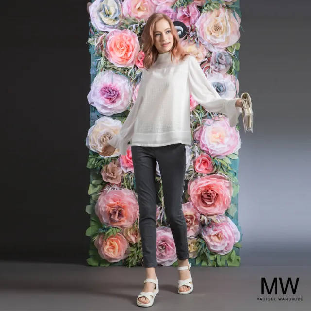 【MAGIQUE WARDROBE】雪紡拚接蕾絲拋袖荷葉上衣(白色)
