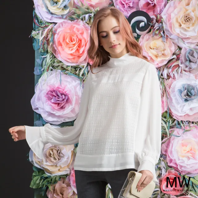 【MAGIQUE WARDROBE】雪紡拚接蕾絲拋袖荷葉上衣(白色)