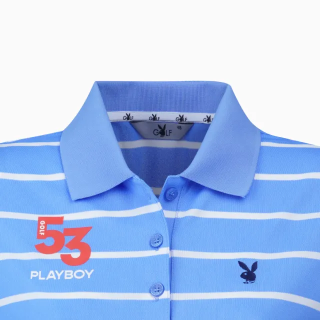 【PLAYBOY GOLF】女款立領橫條短袖POLO衫-藍(吸濕排汗、抗UV、高爾夫球衫 KA21191-56)