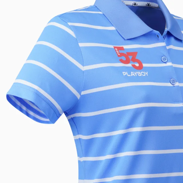 【PLAYBOY GOLF】女款立領橫條短袖POLO衫-藍(吸濕排汗、抗UV、高爾夫球衫 KA21191-56)