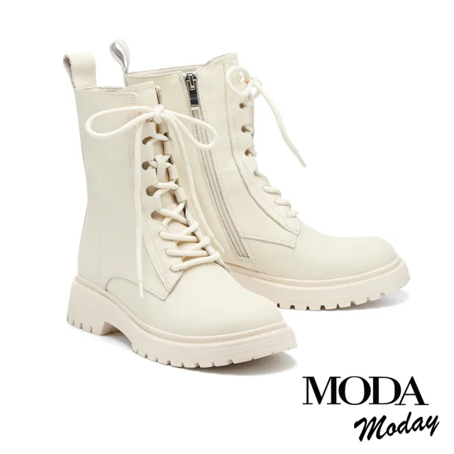 【MODA Moday】帥氣時髦感全真皮綁帶QQ厚底短靴(白)