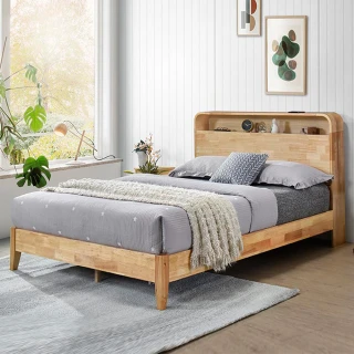 【obis】Raxon北歐實木簡約床頭置物床架(標準雙人5x6.2尺)