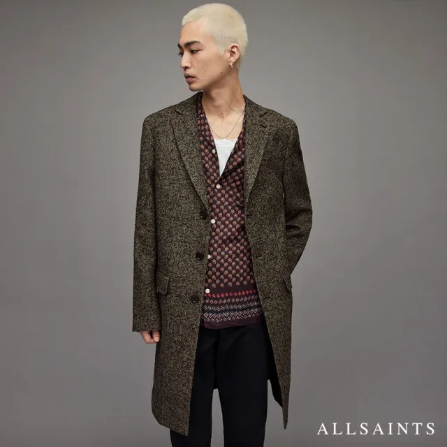 【ALLSAINTS】MILLIGAN 低調人字紋標準領中長版羊毛大衣(修身版型)