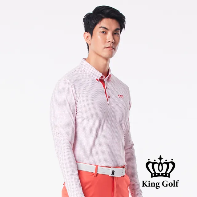 【KING GOLF】速達-點點滿版印花LOGO印花薄款長袖POLO衫(紅色)