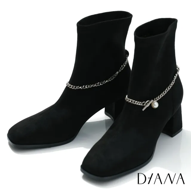 【DIANA】6cm 彈性羊絨布珍珠鍊帶環踝短靴(黑糖)