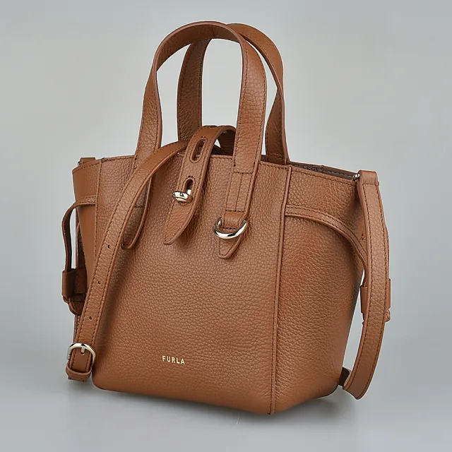 【FURLA 芙拉】NET轉釦手提斜背兩用包(迷你/白蘭地褐)