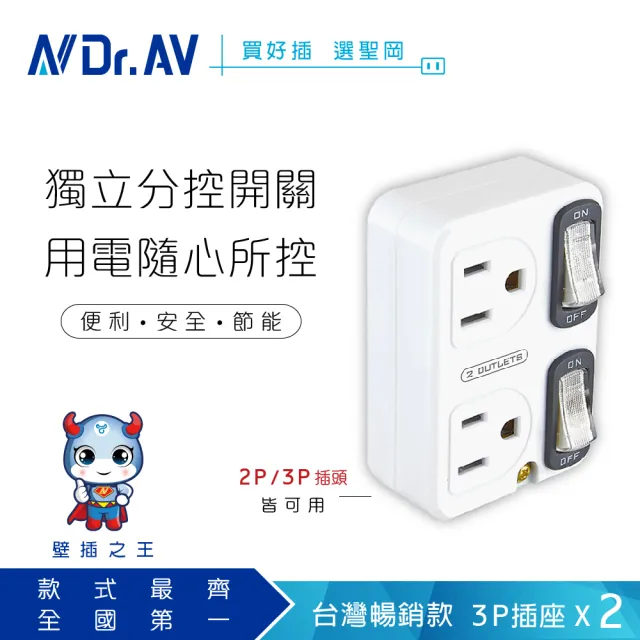 【Dr.AV 聖岡科技】節電2開2插分接器、插頭、壁插、充擴座（TNT-830S）