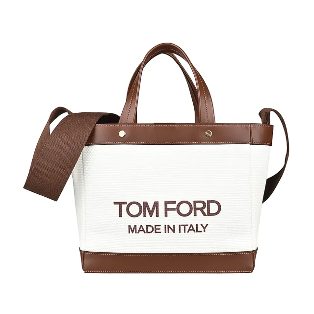 【TOM FORD】雙11 TOM FORD棕字LOGO帆布磁扣式手提斜背包(迷你/米白x棕)