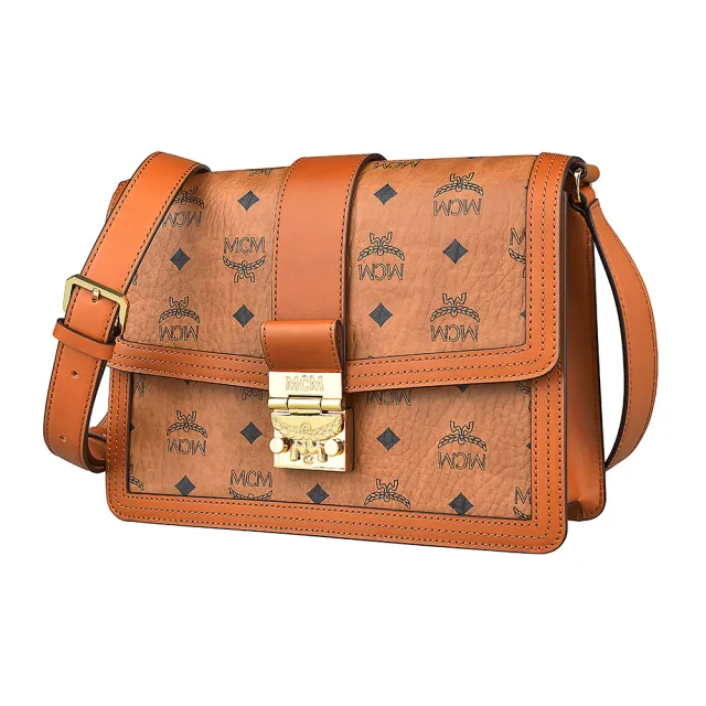 【MCM】MCM Tracy金字LOGO印花塗層帆布扣式斜背包(棕x橘)