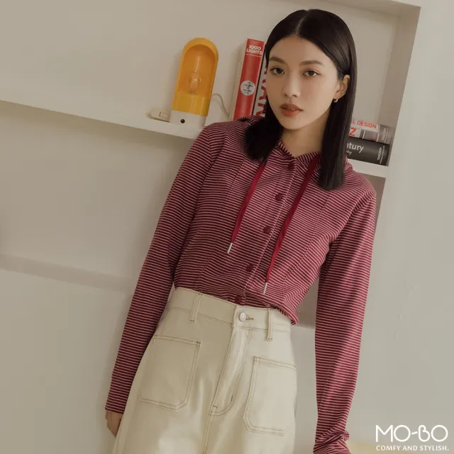 【MO-BO】MIT細條紋排釦連帽磨毛T恤(上衣)