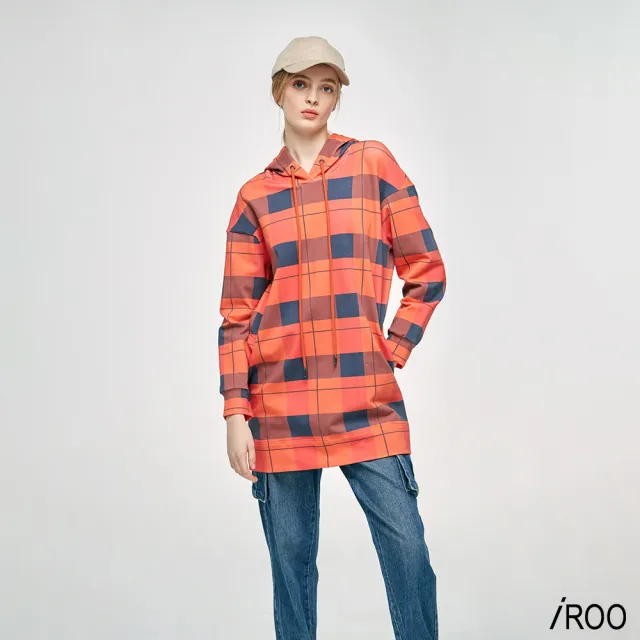 【iROO】連帽格紋長版上衣