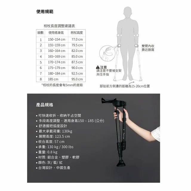 【海夫健康生活館】活立醫療用柺杖 未滅菌 FAMICA 多段高度調整 快收型肘柺杖 灰色把手(AH05-5)