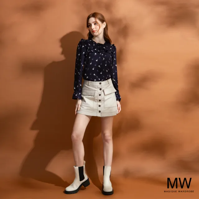 【MAGIQUE WARDROBE】荷葉印花雪紡長袖上衣(2色)