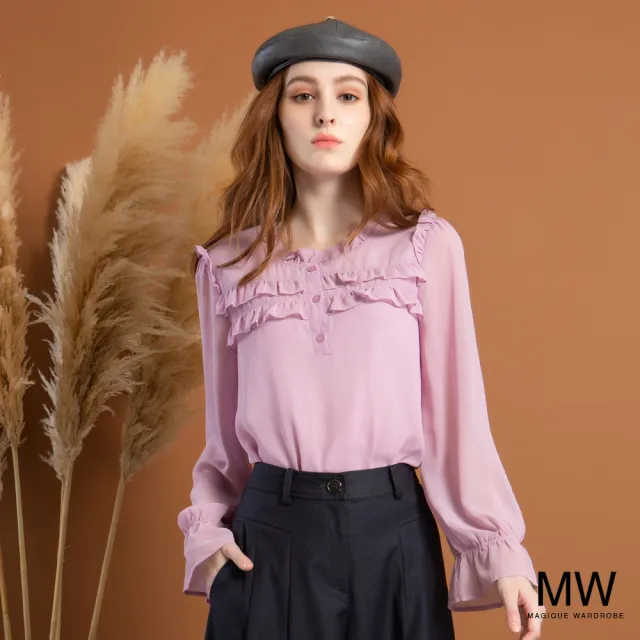 【MAGIQUE WARDROBE】荷葉印花雪紡長袖上衣(2色)