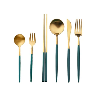【邸家 DEJA】歐風六件套餐具組-墨綠金(餐刀、餐叉、餐勺、筷子、茶勺、茶叉)