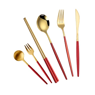 【邸家 DEJA】歐風六件套餐具組-寶石紅(餐刀、餐叉、餐勺、筷子、茶勺、茶叉)
