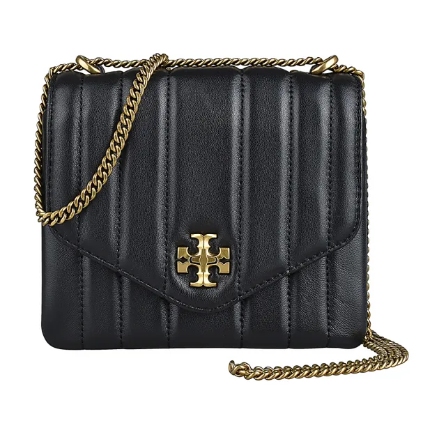 【TORY BURCH】TORY BURCH Kira金字LOGO羊皮直條絎縫設計鏈帶翻蓋旋鎖式斜背方形包(黑)
